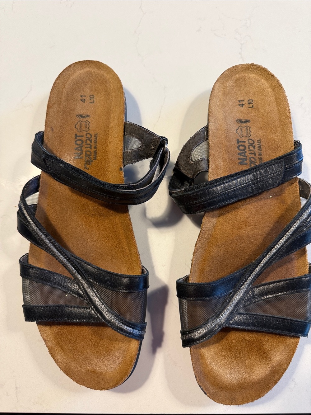 Naot Black Leather Stappy Slide Sandals with Mesh Accents size 41 or 10